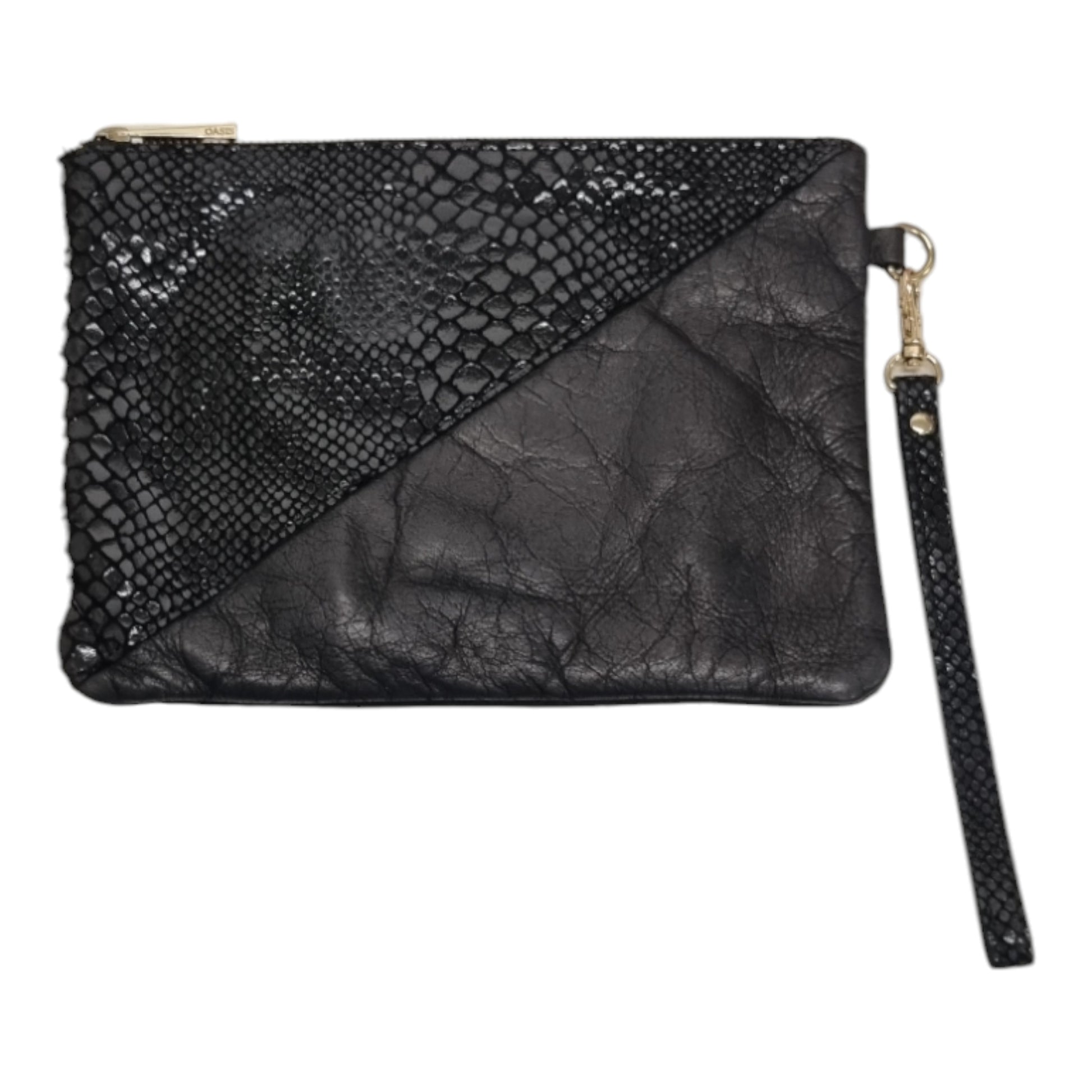 Oasis black leather snakeskin clutch bag