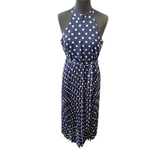 New Look halter neck polka dot pleated midi dress with matching belt