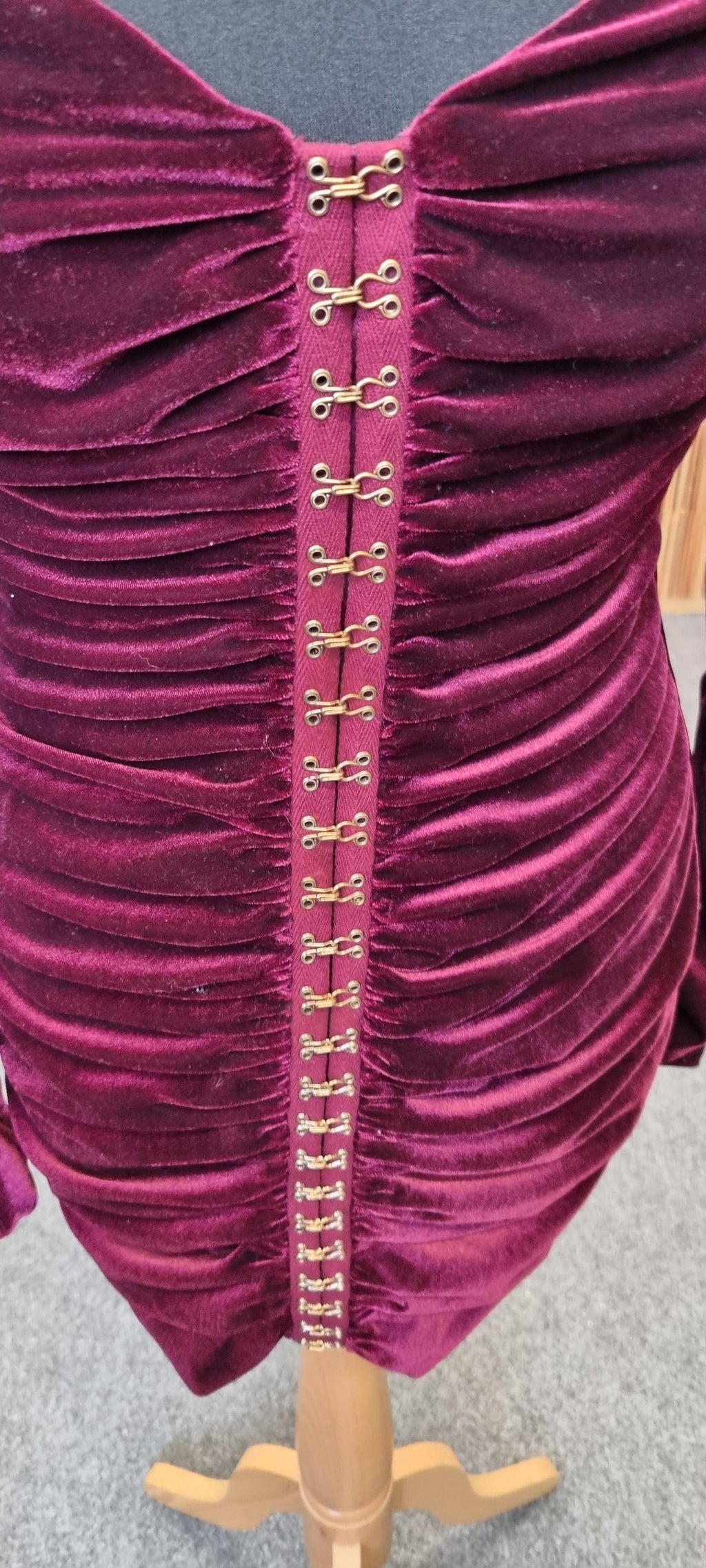 Burgundy velor hook and eye long sleeved mini dress