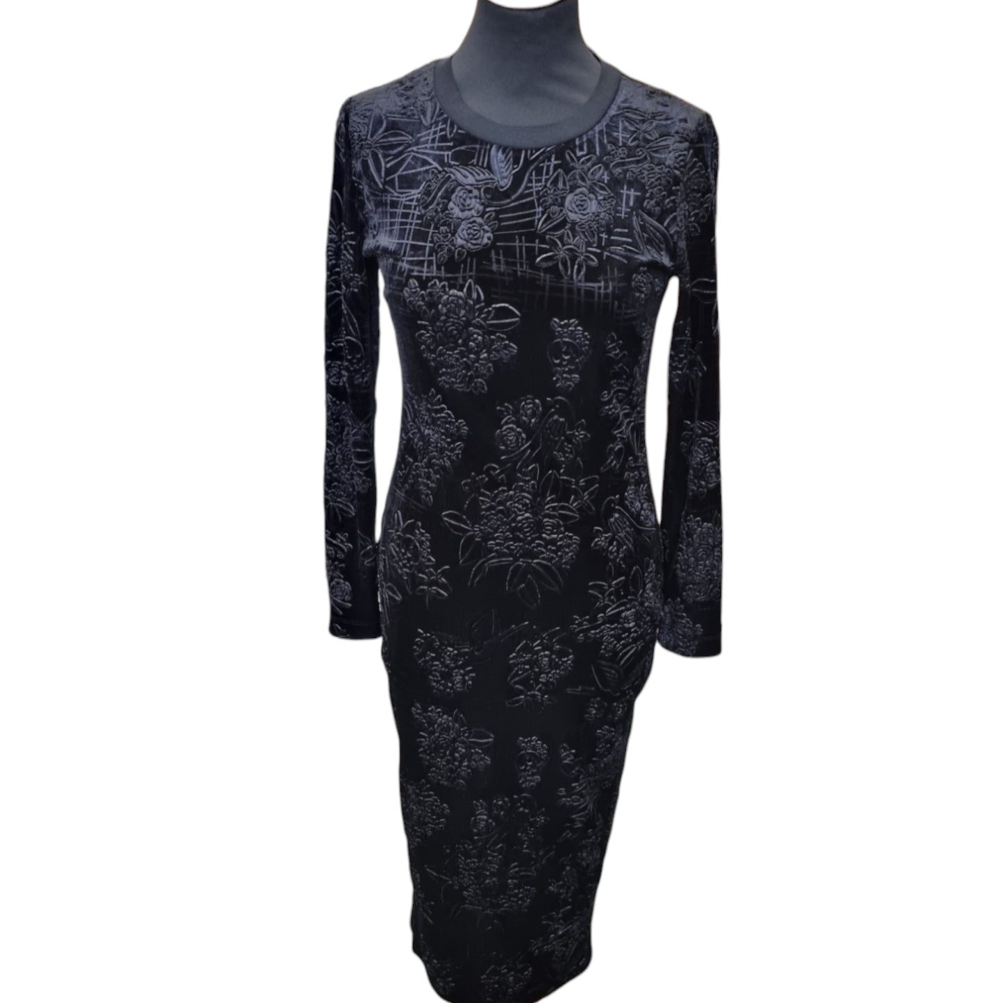 French Connection black velor long sleeve fitted midi dress